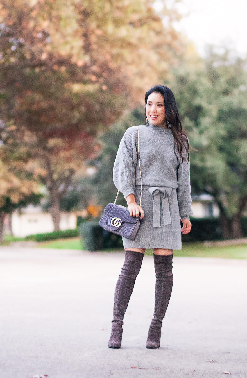 cute & little | grey off-shoulder sweater dress, stuart weitzman londra suede highland boots | fall winter outfit - How To Style Gray OTK Boots by Dallas petite fashion blogger cute & little