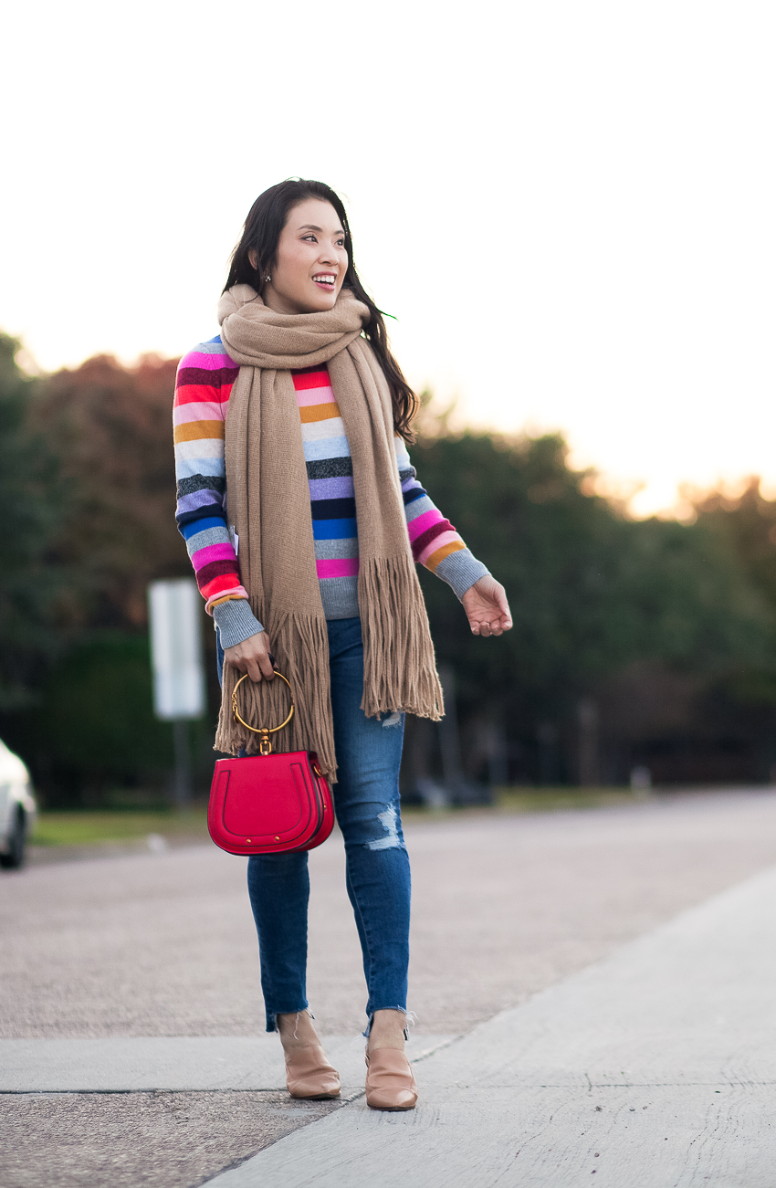 cute & little | dallas petite fashion blogger | free people fringe scarf, gap crazy colorful stripe sweater, ag step hem jeans, nude mules - 5 Tips For Staying Healthy During The Holidays by popular Dallas blogger cute & little