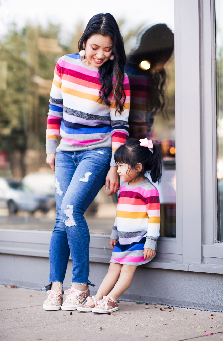 cute & little | mommy daughter twinning holiday outfit | gap candy stripe, keds kate spade glitter shoes - Holiday Sparkle and Stripes in Mommy and Me Outfits by Dallas fashion blogger cute & little