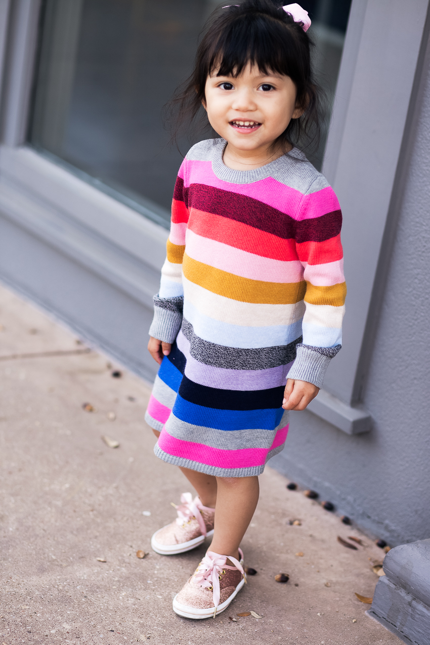 cute & little | gap candy stripe toddler dress, keds kate spade glitter shoes | holiday outfit