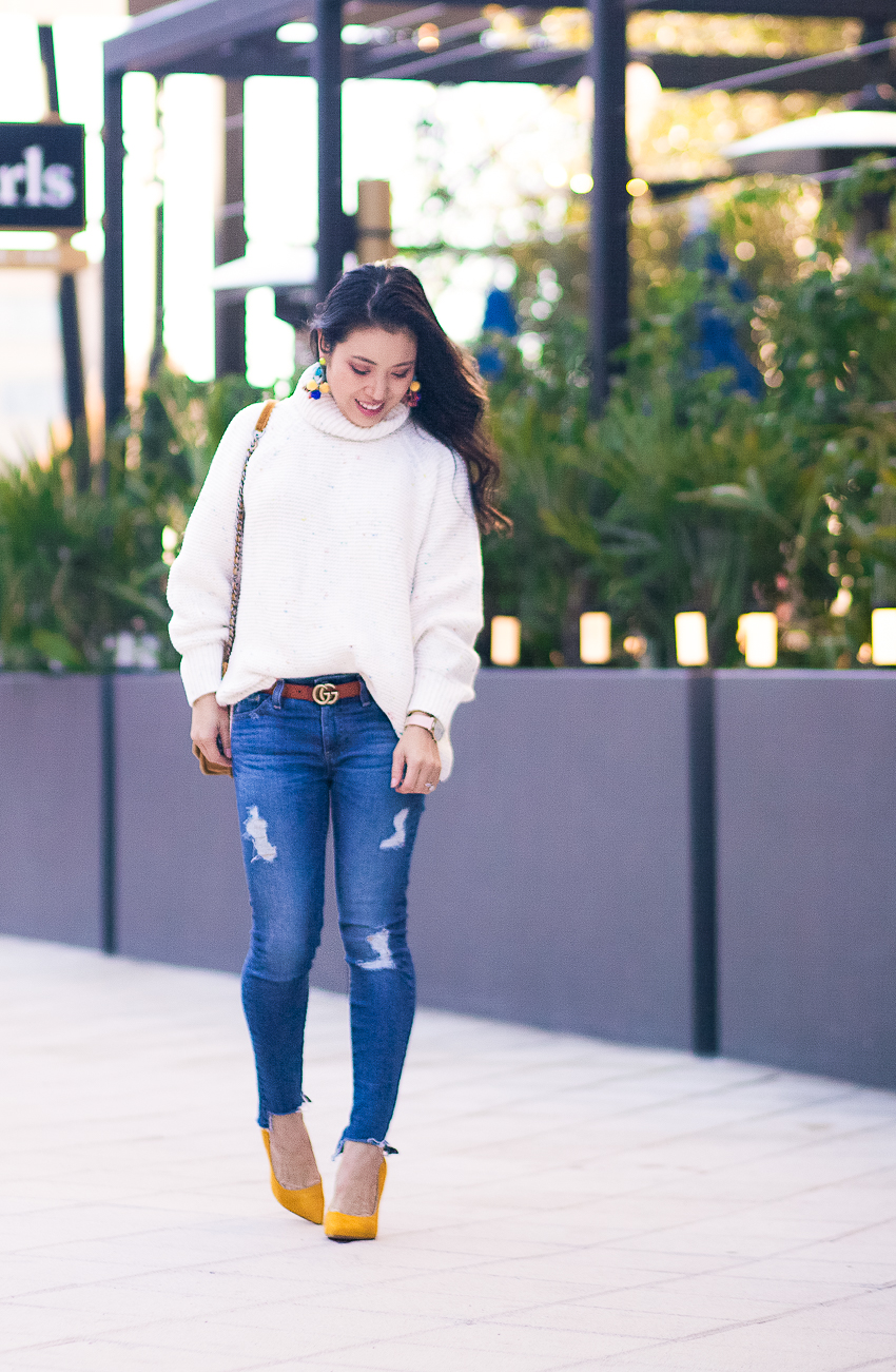 cute & little | dallas petite fashion blog | lou grey rainbow chip sweater, pom beanie, gucci belt look for less, mustard heels | #bemonamie - Mon Amie Watches Giveaway by Dallas style blogger cute & little