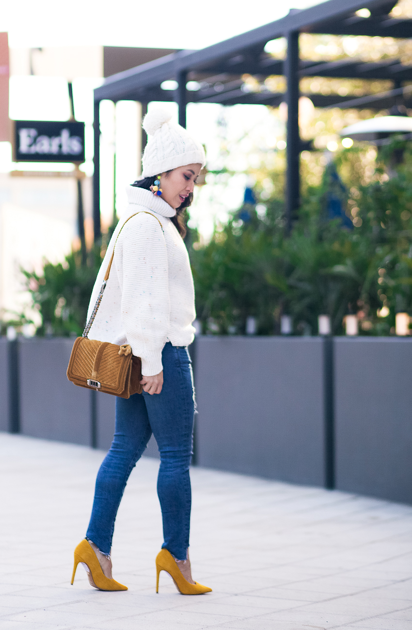 cute & little | dallas petite fashion blog | lou grey rainbow chip sweater, pom beanie, gucci belt look for less, mustard heels, minkoff chevron bow bag | winter outfit - Mon Amie Watches Giveaway by Dallas style blogger cute & little