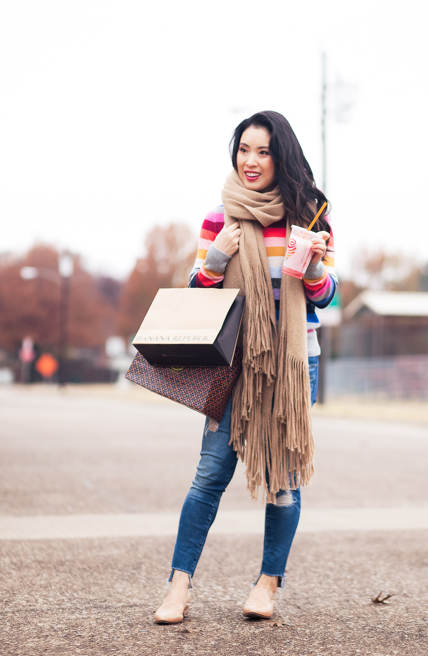 cute & little | dallas petite fashion blogger | free people fringe scarf, gap crazy colorful stripe sweater, ag step hem jeans, nude mules - 5 Tips For Staying Healthy During The Holidays by popular Dallas blogger cute & little