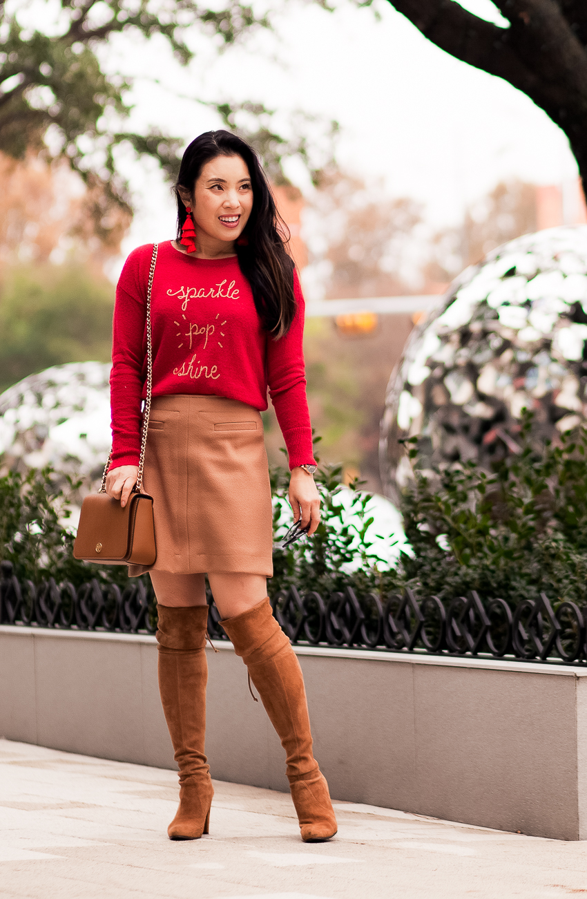 cute & little | dallas petite fashion blogger | loft sparkle pop shine red sweater, camel mini skirt, stuart weitzman otk boots, tory burch robinson shoulder bag | work fall winter ootd outfit
