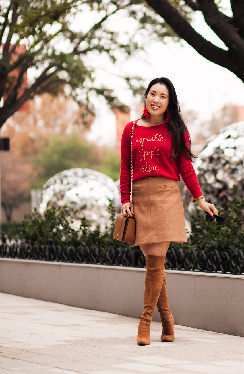 cute & little | dallas petite fashion blogger | loft sparkle pop shine red sweater, camel mini skirt, stuart weitzman otk boots | work fall winter ootd outfit