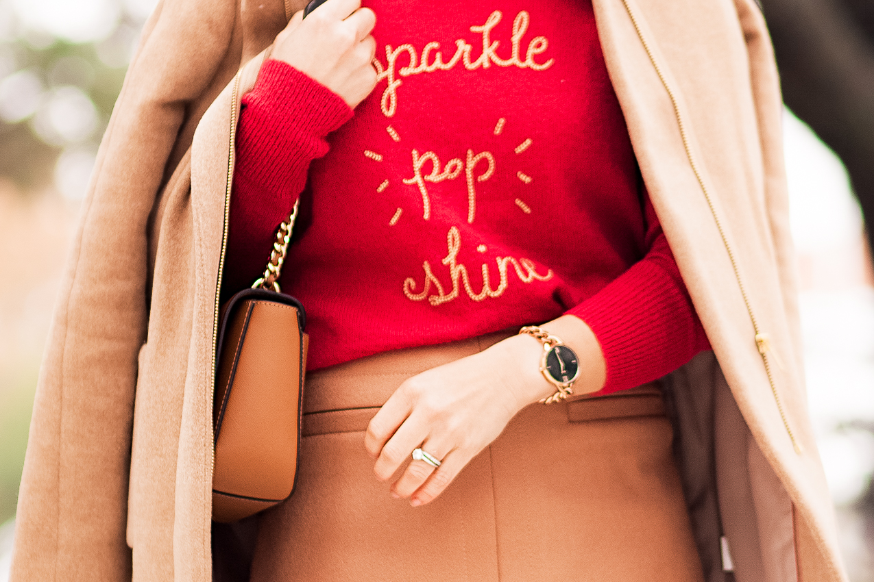 cute & little | dallas petite fashion blogger | j.crew city coat, loft sparkle pop shine red sweater, camel mini skirt, mcmt gala watch | work fall winter ootd outfit