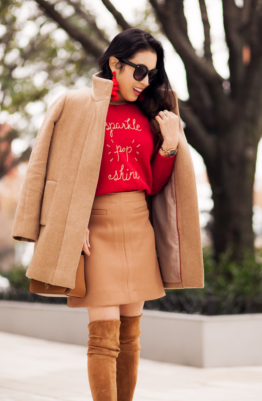 cute & little | dallas petite fashion blogger | j.crew city coat, loft sparkle pop shine red sweater, camel mini skirt, stuart weitzman otk boots | work fall winter ootd outfit