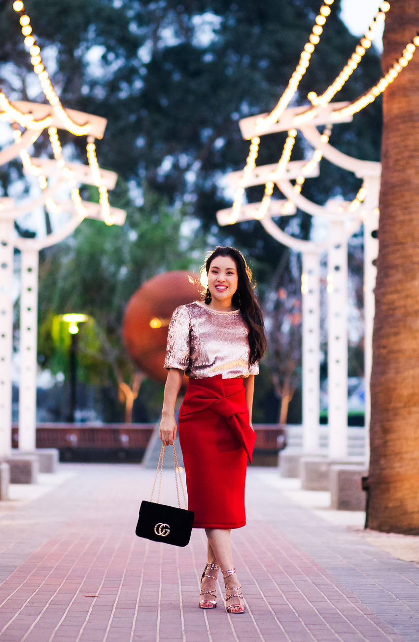 cute & little | dallas petite fashion blog | gold sequin bow top, forever 21 red scuba bow skirt, baublebar tango ball drops | new year's eve nye outfit - Bows and Sequins for your New Years Eve Outfit by Dallas fashion blogger cute and little