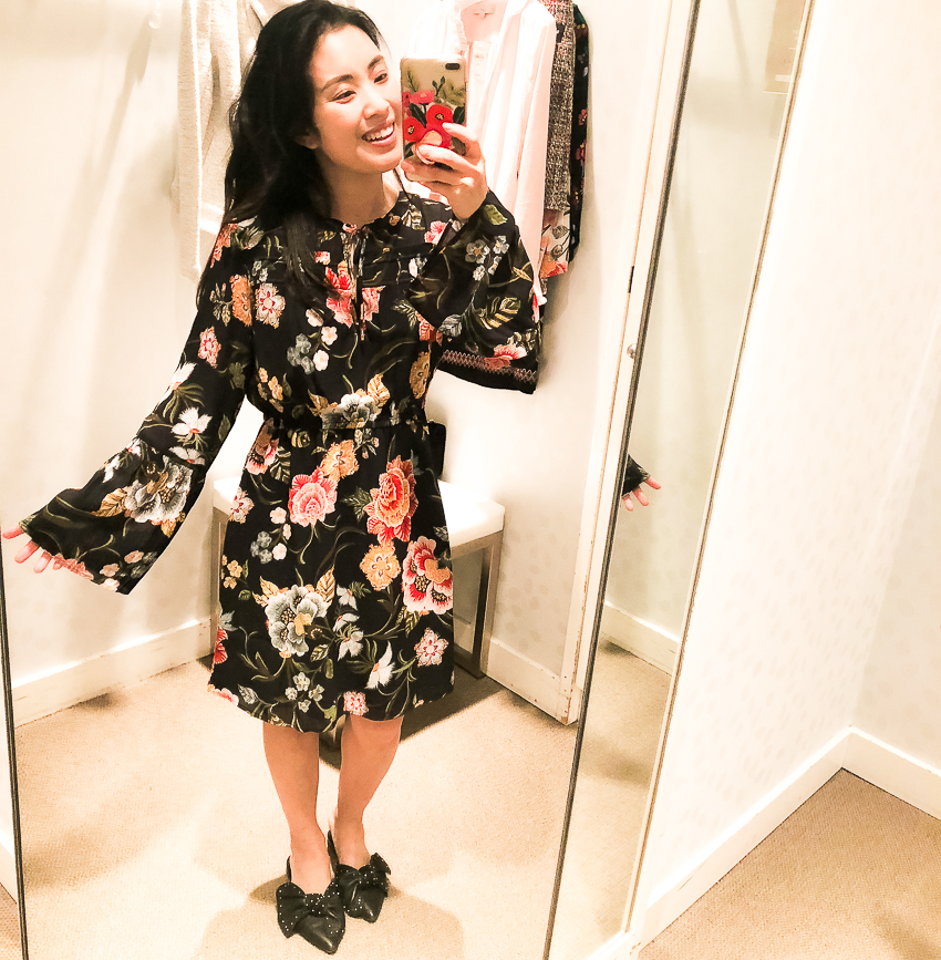 cute & little | dallas petite fashion blog | loft poppy bloom tie neck bell sleeve dress dressing room review - LOFT SALE - 40% OFF: Dressing Room Review by popular Dallas petite fashion blogger cute & little