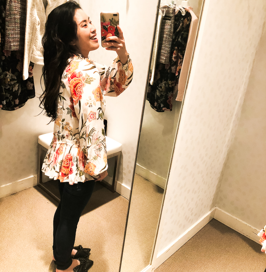 cute & little | dallas petite fashion blog | loft poppy bloom smocked tie neck blouse, loft modern skinny jeans dressing room review - LOFT SALE - 40% OFF: Dressing Room Review by popular Dallas petite fashion blogger cute & little