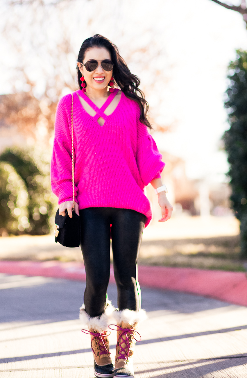 cute & little blog | dallas petite fashion blogger | hot pink sweater, spanx faux leather leggings, sorel joan of arctic pink laces fur snow boots | winter apres ski outfit - Easy, Warm, and Chic for Apres Ski by popular Dallas petite fashion blogger cute & little