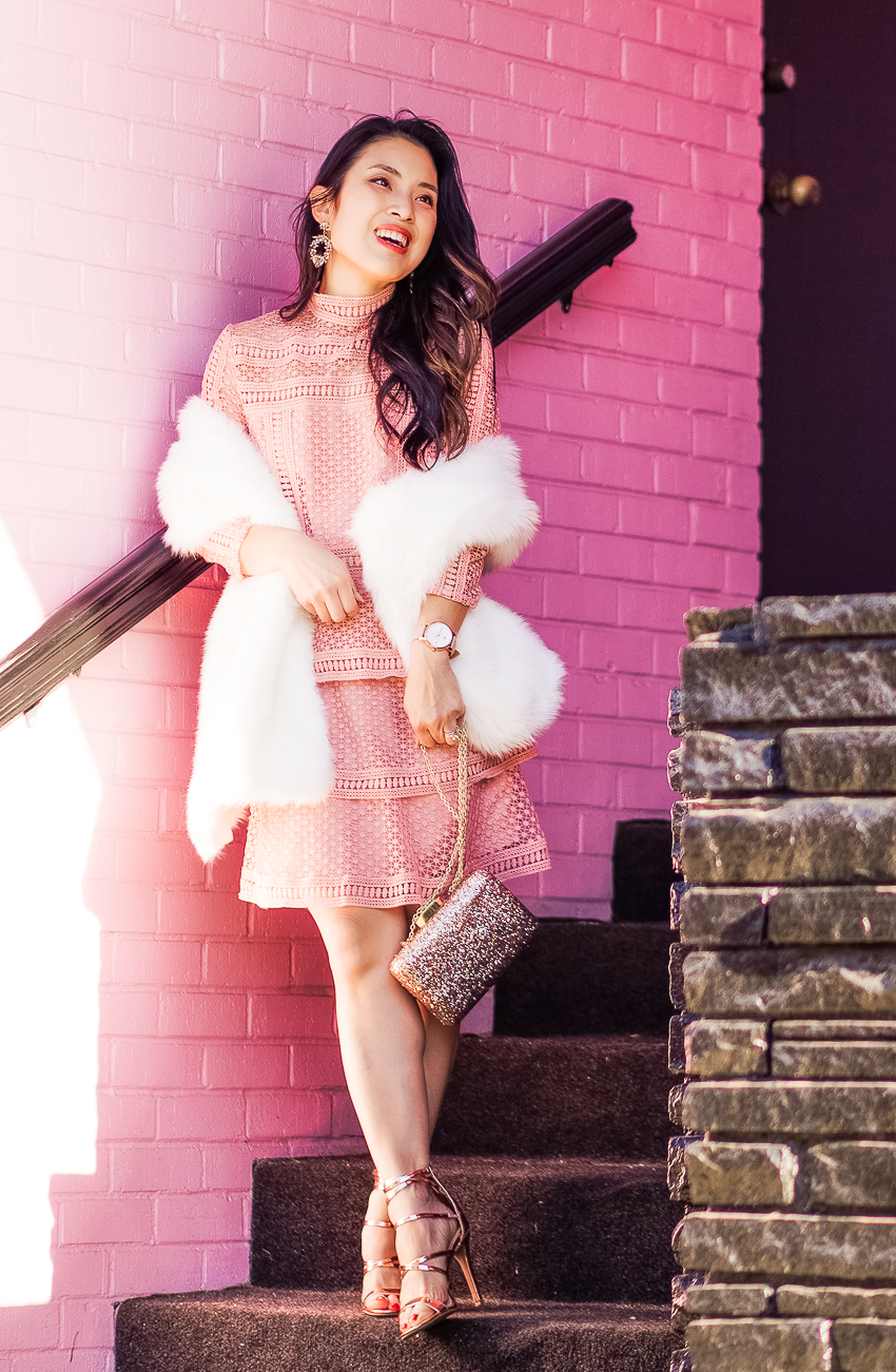 cute & little | dallas petite fashion blog | pink crochet dress, white faux fur stole, glitter clutch | valentine's day galentine's date night outfit - Prettiest Pink Crochet Dress for Valentine's Day