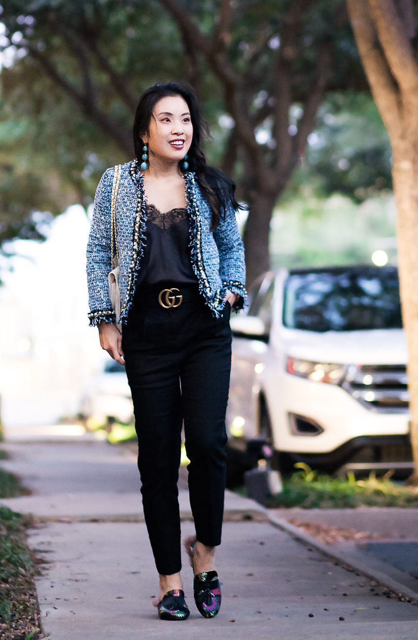 cute & little blog | dallas petite fashion blog | pearl tweed petite blazer, black lace cami, high-waist trousers, fur-lined mules, gucci double g belt | work fall winter outfit - Office Chic in a Tweed Blazer and Fur-Lined Mules by popular Dallas petite fashion blogger cute & little