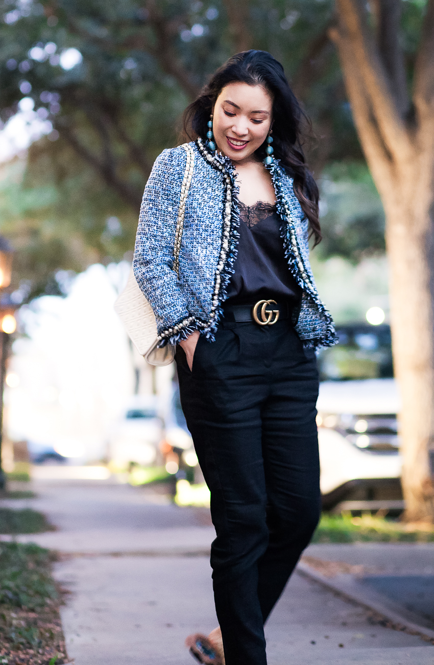 cute & little blog | dallas petite fashion blog | pearl tweed petite blazer, black lace cami, high-waist trousers, fur-lined mules, gucci double g belt | work fall winter outfit - Office Chic in a Tweed Blazer and Fur-Lined Mules by popular Dallas petite fashion blogger cute & little