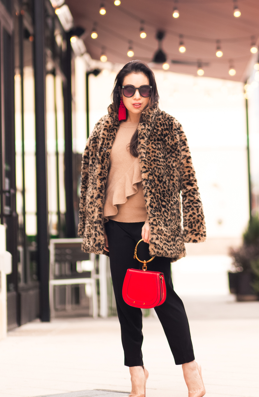 cute & little | dallas petite fashion blog | leopard faux fur coat, j.crew ruffle sweater, black trousers louboutin so kate, red celine nile | winter outfit