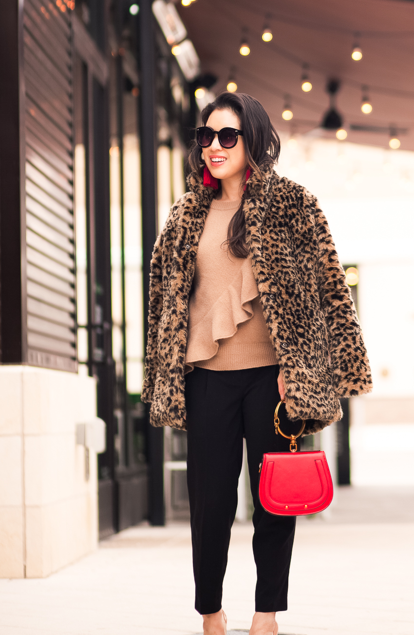 cute & little | dallas petite fashion blog | leopard faux fur coat, j.crew ruffle sweater, black trousers louboutin so kate, red celine nile | winter outfit - A Leopard Coat Is This Season's Must-Have Statement by popular Dallas fashion blogger cute and little