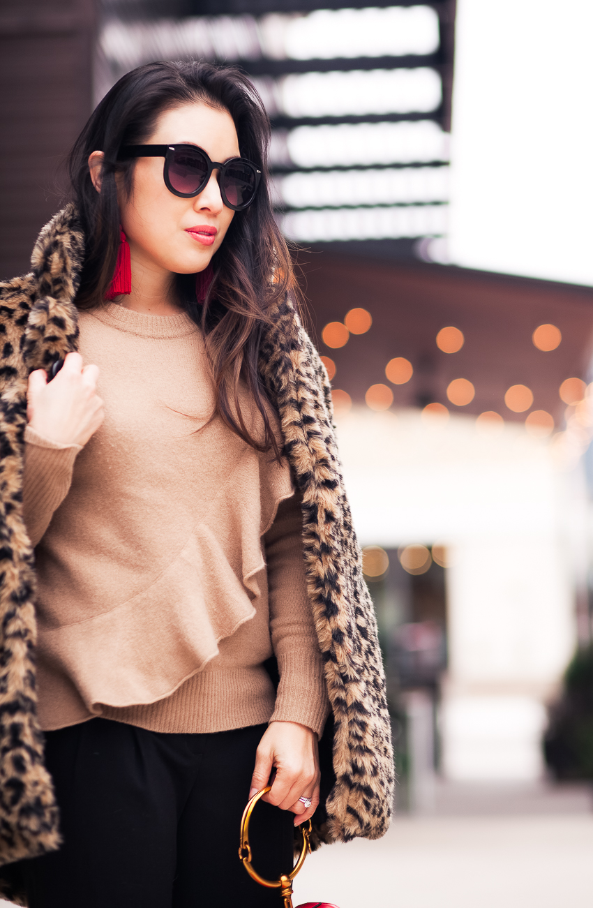 cute & little | dallas petite fashion blog | leopard faux fur coat, j.crew ruffle sweater, black trousers louboutin so kate, red celine nile | winter outfit - A Leopard Coat Is This Season's Must-Have Statement by popular Dallas fashion blogger cute and little