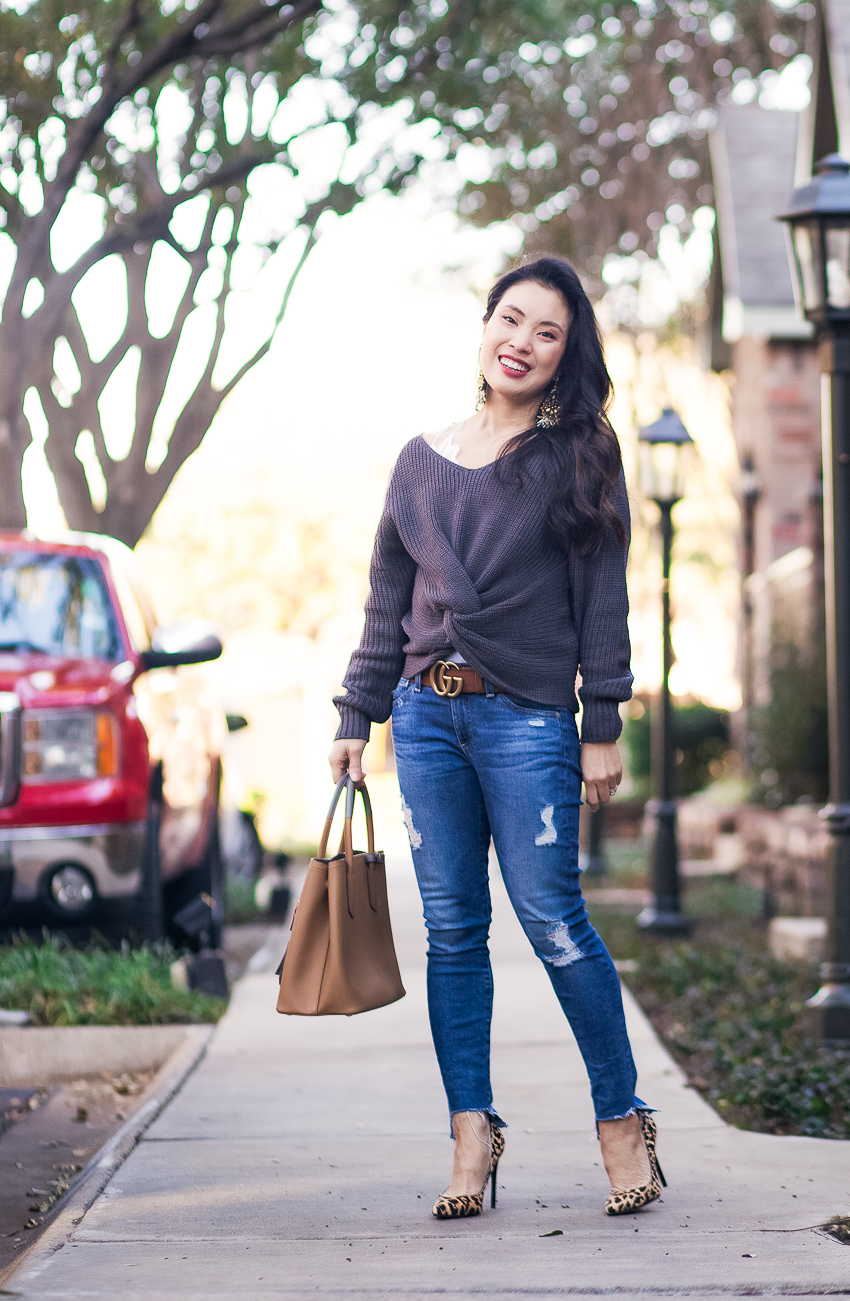 cute & little | petite dallas fashion blogger | front twist sweater, gucci double g belt, ag step hem jeans, prada cuir bag, leopard pumps, j.crew sparkle teardrop earrings | fall winter outfit - Twist Front Top and Beaded Details by popular Dallas petite fashion blogger cute & little