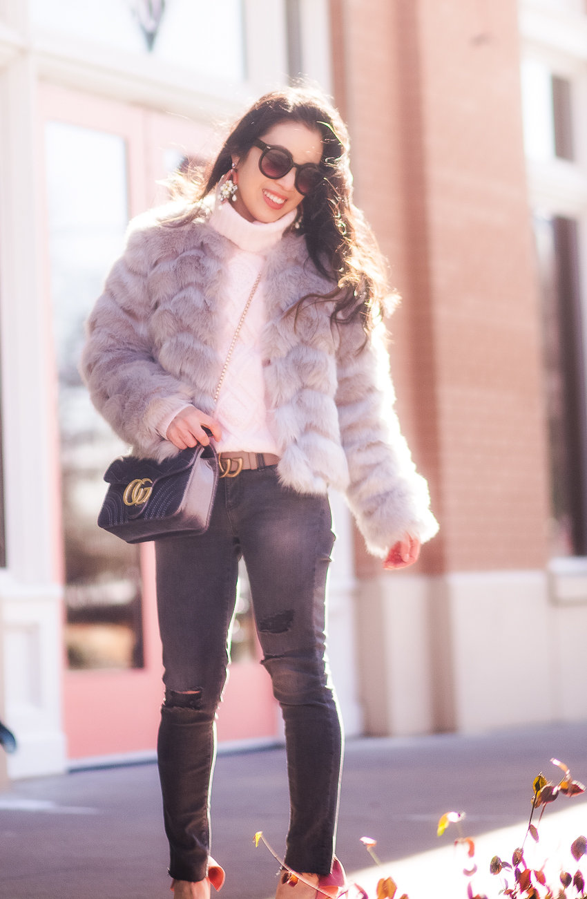 cute & little | dallas petite fashion blogger | asos grey chevron faux fur coat, blush sweater, grey distressed jeans, pink schutz bow pumps, gucci double g belt rose | winter outfit - v