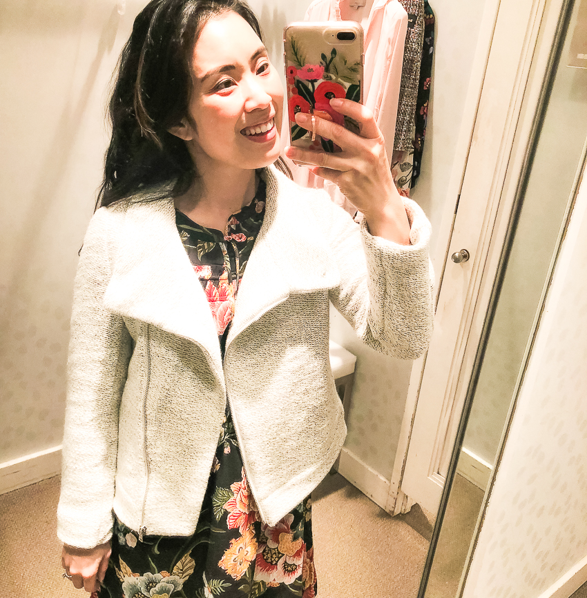 cute & little | dallas petite fashion blog | loft knit funnel neck moto jacket dressing room review - LOFT SALE - 40% OFF: Dressing Room Review by popular Dallas petite fashion blogger cute & little