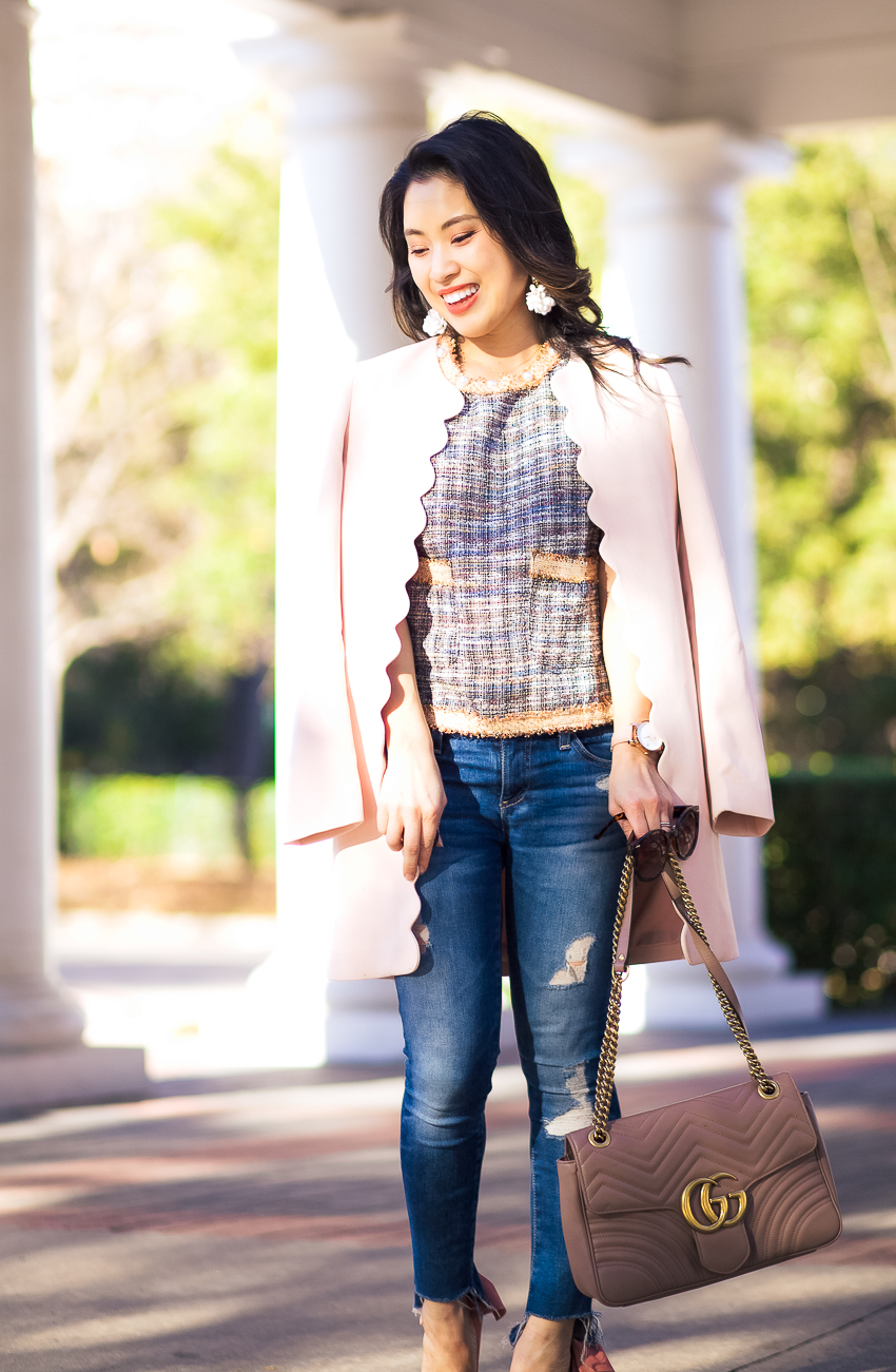 cute & little | dallas petite fashion blogger | pink scallop coat, shein pear and raw cut tweed top | ag step hem jeans, schutz bow pumps | spring outfit