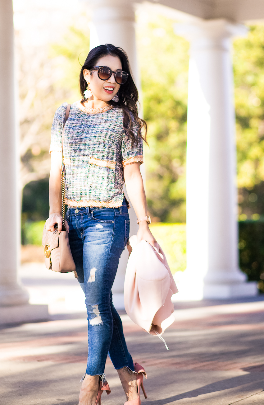 cute & little | dallas petite fashion blogger | shein pear and raw cut tweed top | ag step hem jeans, schutz bow pumps | spring outfit