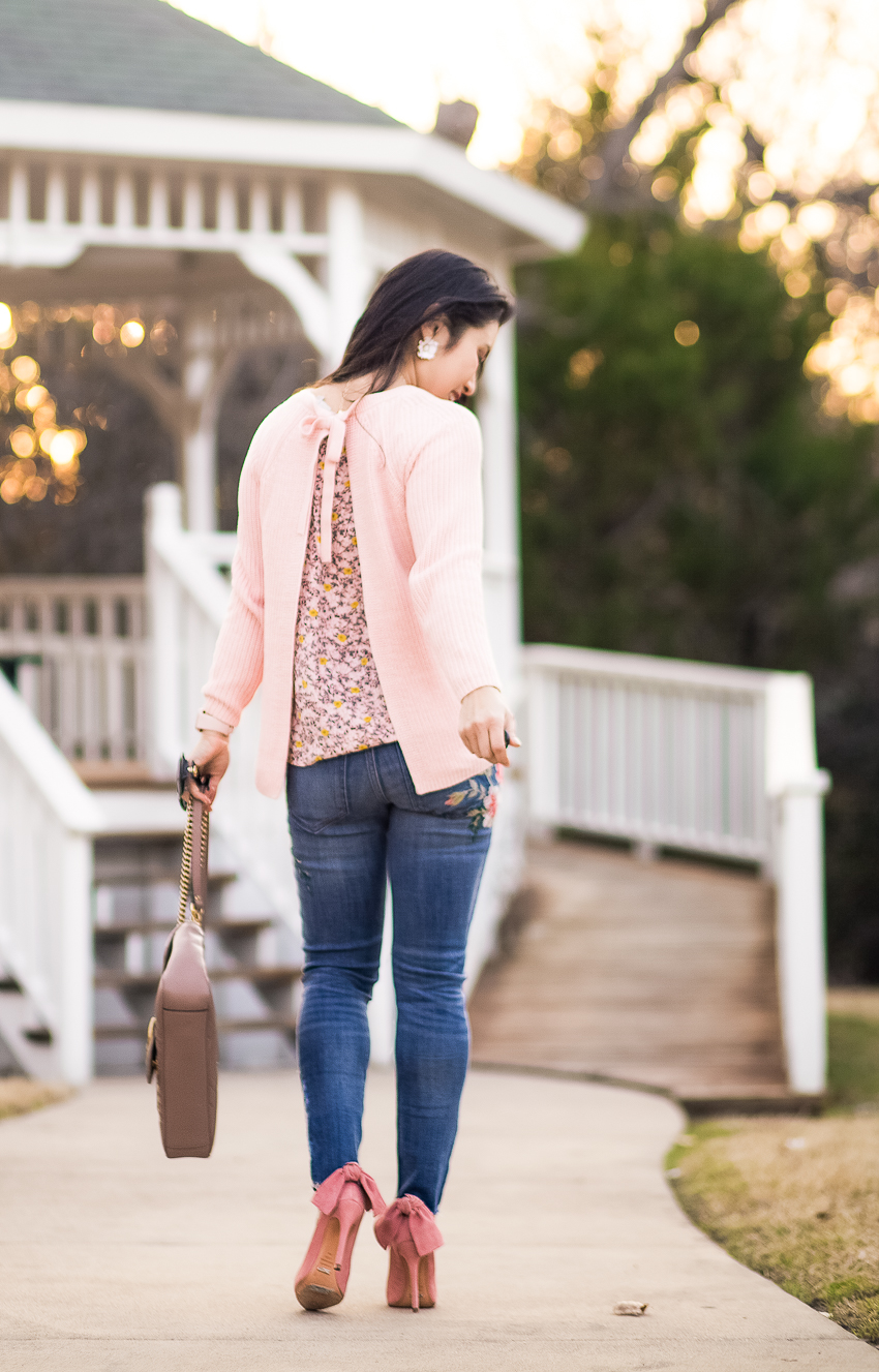 cute & little | dallas petite fashion blog | loft tie back mixed media pink sweater | express embroidered jeans, pink bow heels | valentines day spring outfit - LOFT Sale favorite picks by popular Dallas petite fashion blogger, cute & little