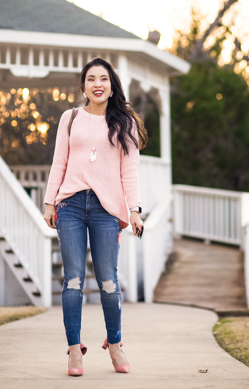 cute & little | dallas petite fashion blog | loft tie back mixed media pink sweater | express embroidered jeans, pink bow heels | valentines day spring outfit - High Waisted Embroidered Jeans outfit by popular Dallas fashion blogger cute & little