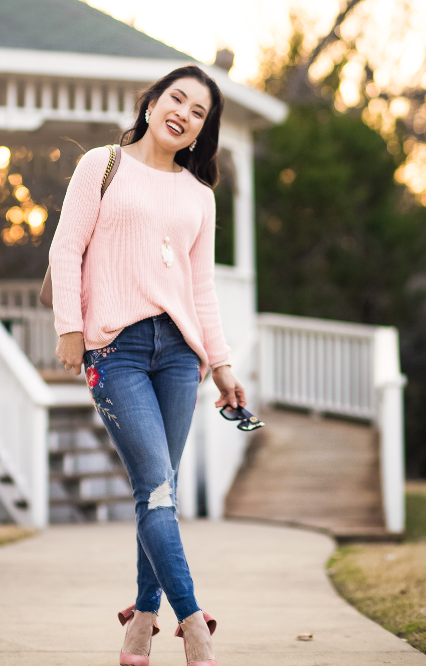 cute & little | dallas petite fashion blog | loft tie back mixed media pink sweater | express embroidered jeans, pink bow heels | valentines day spring outfit - High Waisted Embroidered Jeans outfit by popular Dallas fashion blogger cute & little