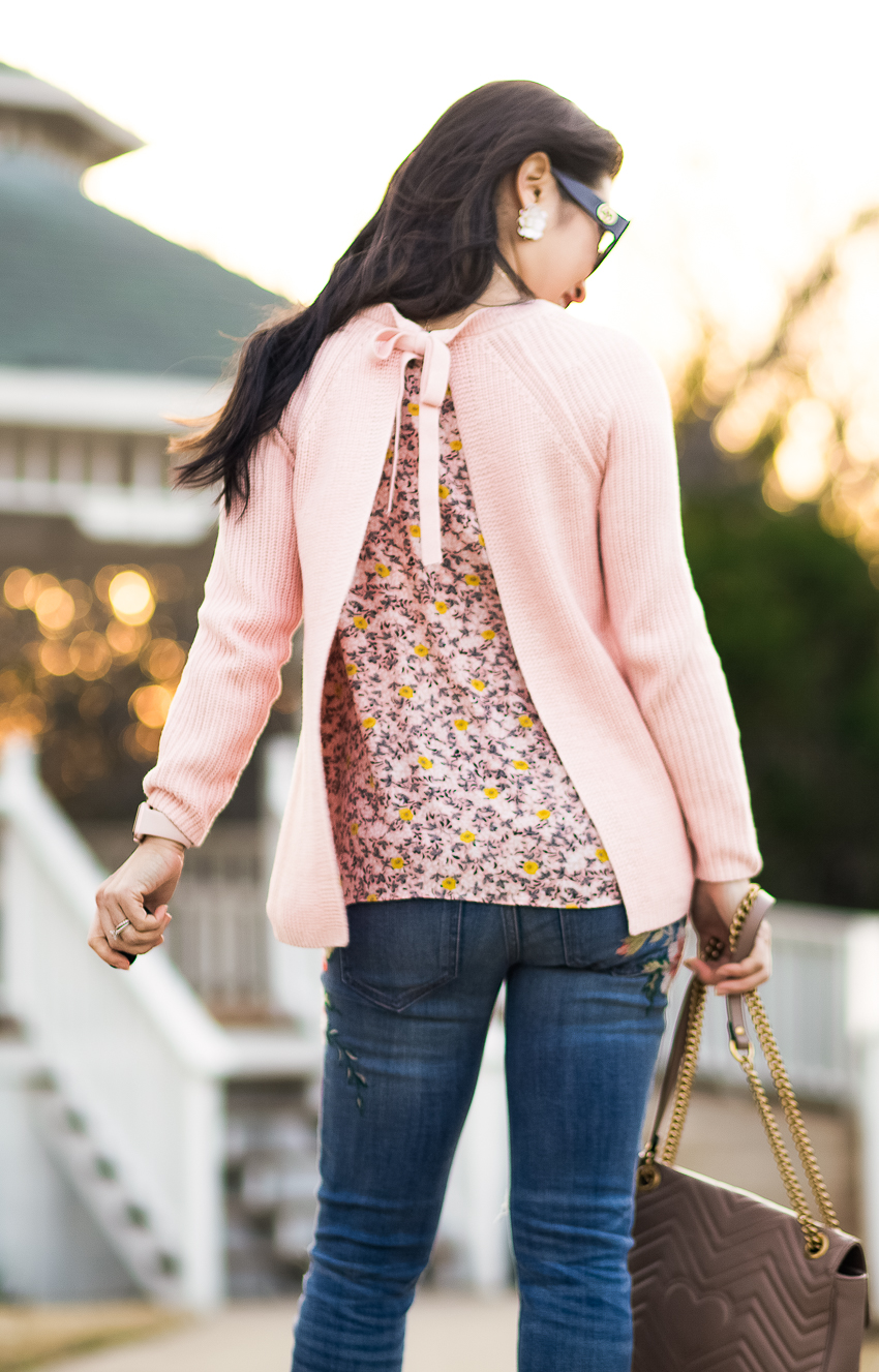 cute & little | dallas petite fashion blog | loft tie back mixed media pink sweater | express embroidered jeans | valentines day spring outfit - High Waisted Embroidered Jeans outfit by popular Dallas fashion blogger cute & little
