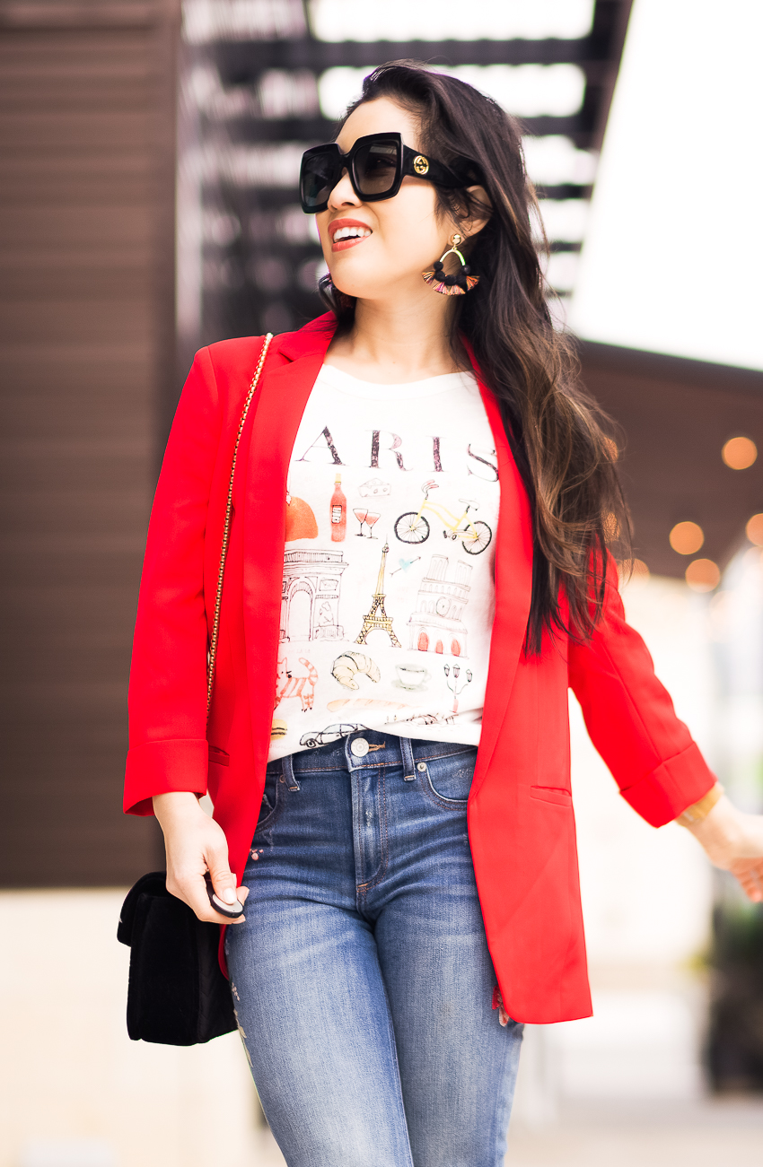 cute & little | dallas petite fashion blogger | express red blazer, graphic tee, embroidered jeans, white pumps | casual work outfit - 5 Tried-and-True Tips On How To Pair Statement Earrings by popular Dallas fashion blogger, Cute & Little