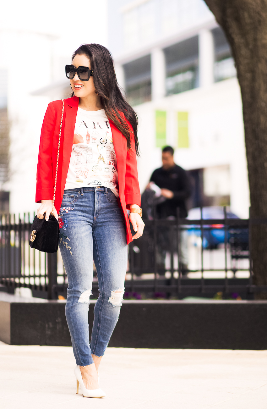 cute & little | dallas petite fashion blogger | express red blazer, graphic tee, embroidered jeans, white pumps | casual work outfit - Red Boyfriend Blazer by popular Dallas petite fashion blogger cute & little
