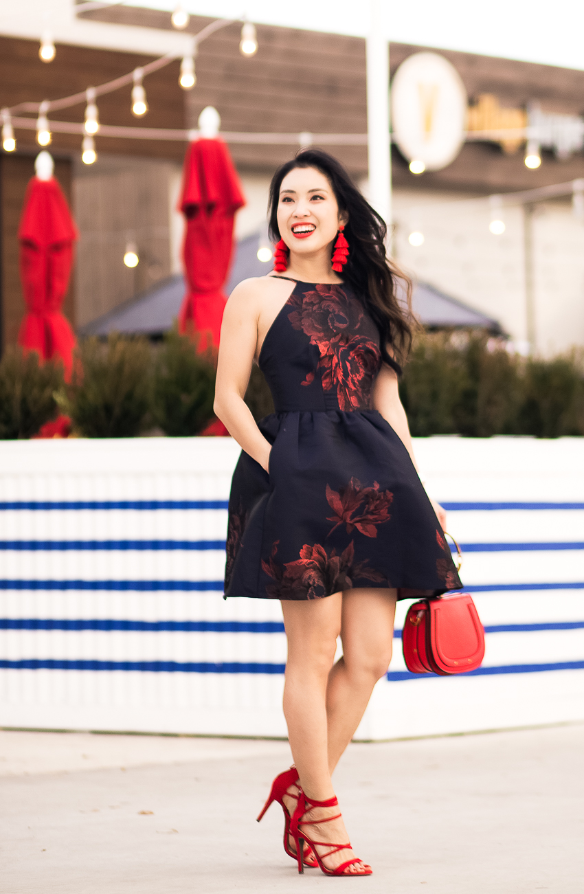 cute & little blog | dallas petite fashion blog | speechless floral brocade fit flare dress, red strappy heels, red tassel earrings, red chloe bag | valentine's day date night special occasion outfit - Floral Cupcake Dress by popular Dallas petite fashion blogger cute & little
