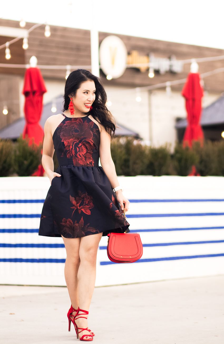cute & little blog | dallas petite fashion blog | speechless floral brocade fit flare dress, red strappy heels, red tassel earrings, red chloe bag | valentine's day date night special occasion outfit - Floral Cupcake Dress by popular Dallas petite fashion blogger cute & little