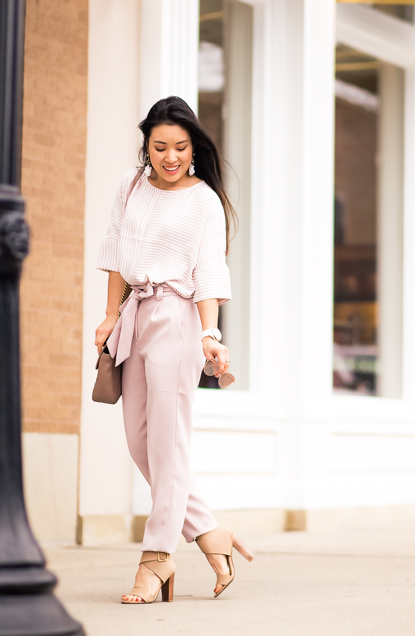 cute & little | dallas petite fashion blog | express striped cocoon top, express blush pink sash tie pants, nude strappy sandals | spring office work outfit - Blush Neutrals for Springtime Office Outfit by popular Dallas petite fashion blogger cute & little