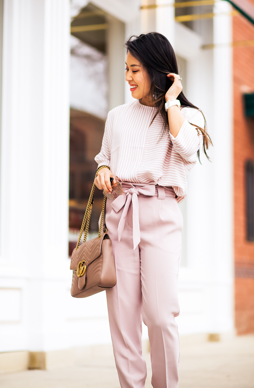 cute & little | dallas petite fashion blog | express striped cocoon top, express blush pink sash tie pants, nude strappy sandals | spring office work outfit - Blush Neutrals for Springtime Office Outfit by popular Dallas petite fashion blogger cute & little