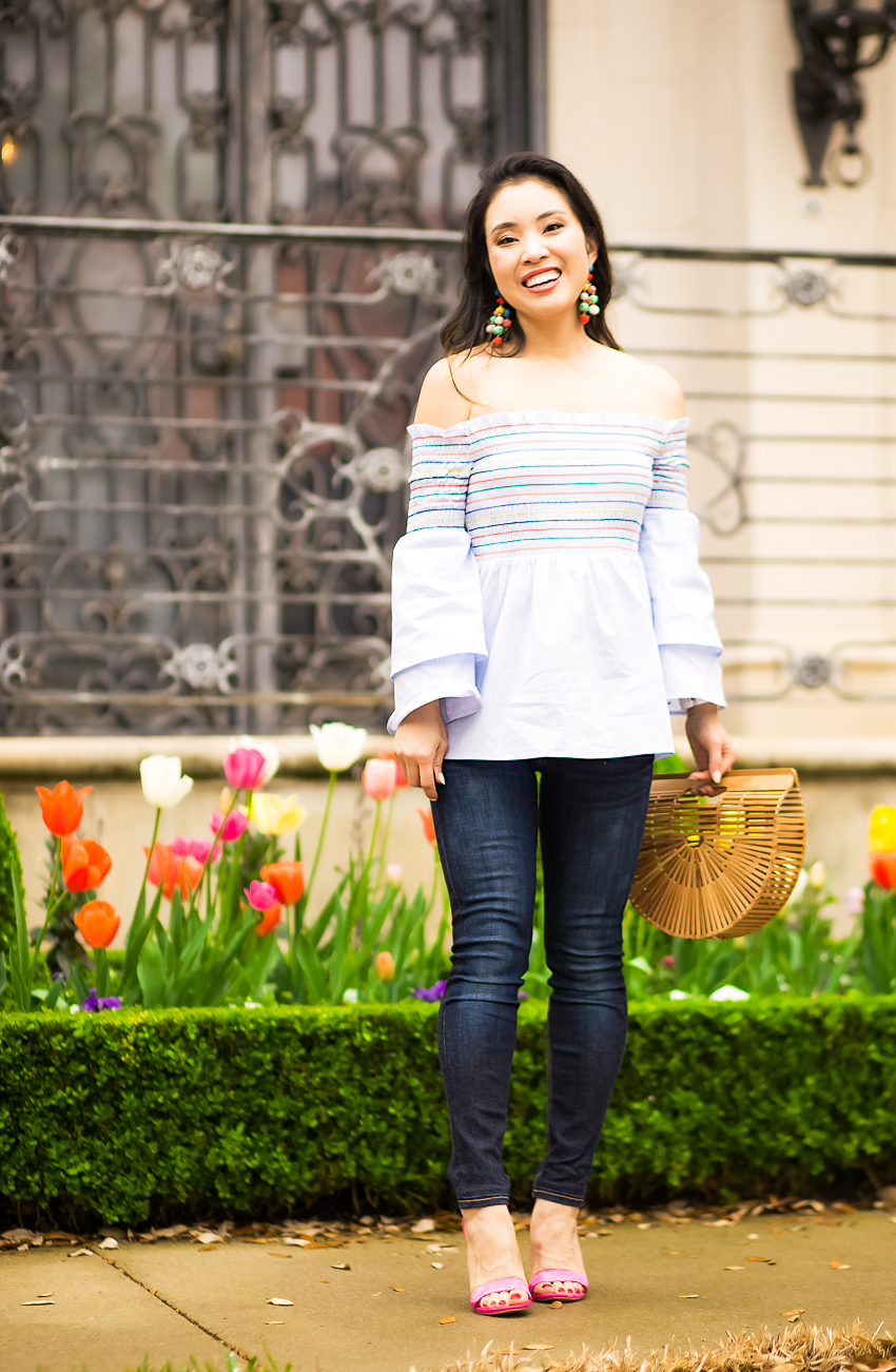 cute & little | dallas fashion blog | spring trends | mommy daughter belle sky smocked off shoulder top - Affordable Mommy + Me Twinning In Spring Trends by popular Dallas fashion blogger cute & little