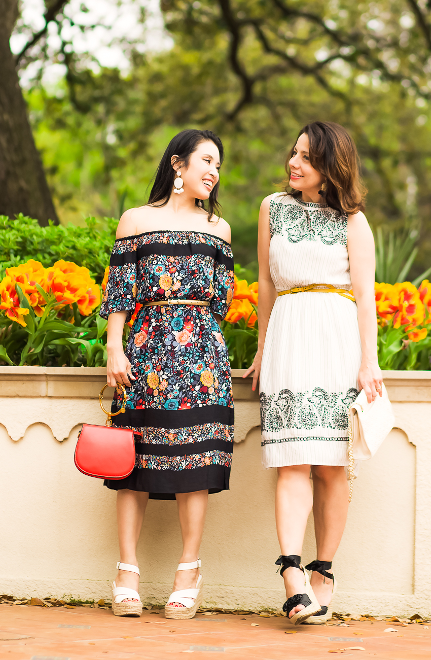 cute & little | dallas petite fashion blog | loft flowerbed flare dress, loft embroidered stripe midi dress | spring outfits | how to make mom friends by popular Dallas blogger, cute & little