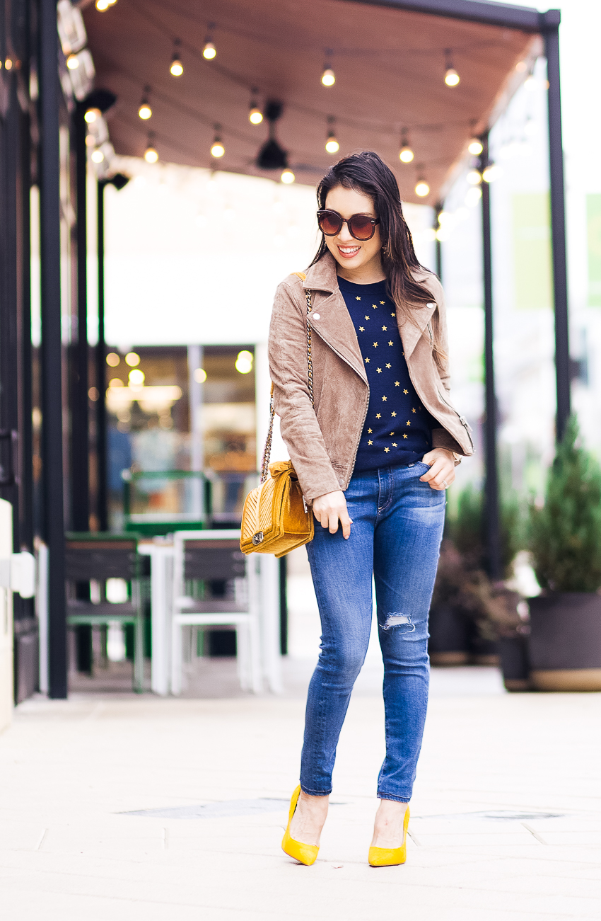 cute & little | dallas petite fashion blog | blanknyc moto jacket | spring casual outfit - Seeing Stars With a Dreamy Star Sweater by popular Dallas petite fashion blogger cute & little