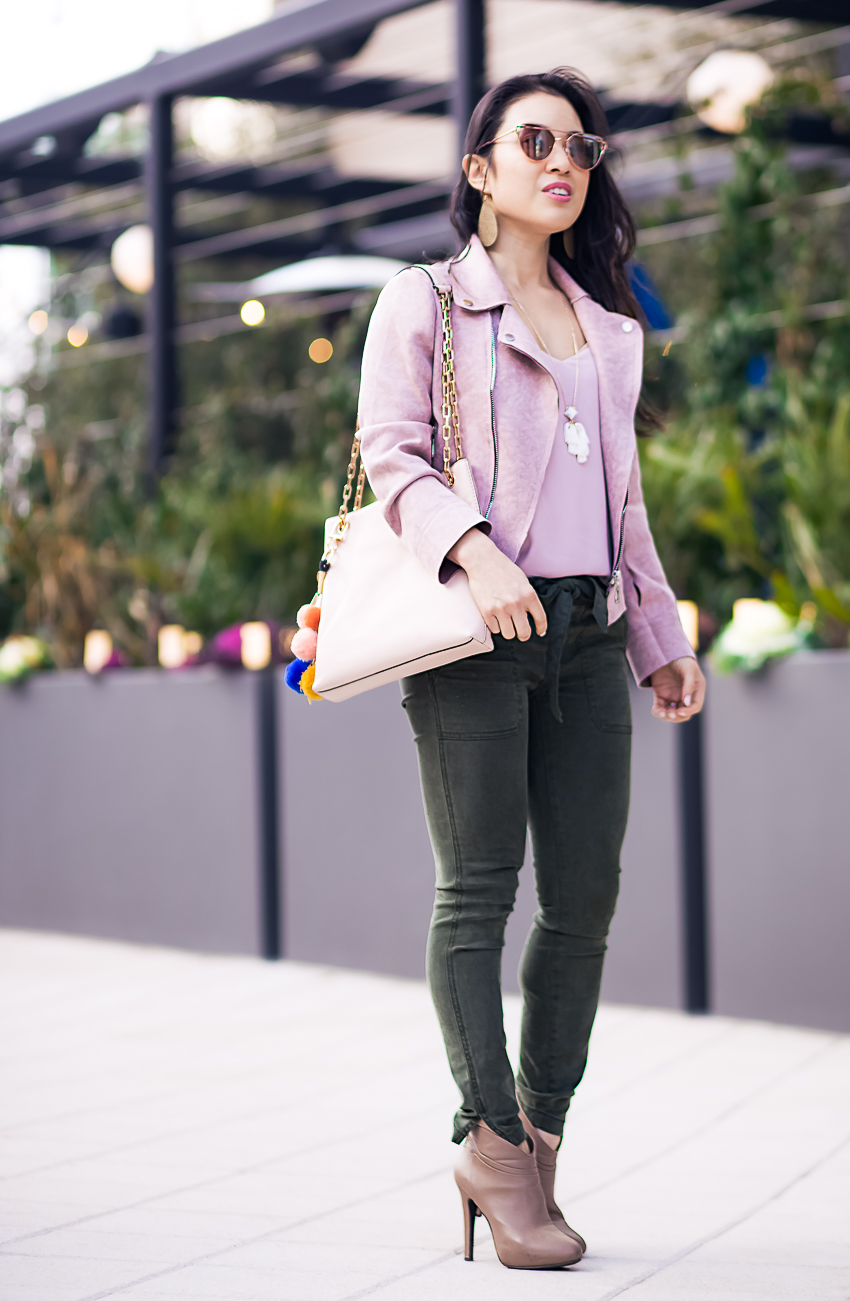 cute & little | dallas petite fashion blog | blush jacket, express barcelona cami, loft waist tie olive pants, taupe ankle booties | spring wardrobe essentials outfit - 3 Spring Essentials You Need In Your Closet by popular Dallas petite fashion blogger cute & little
