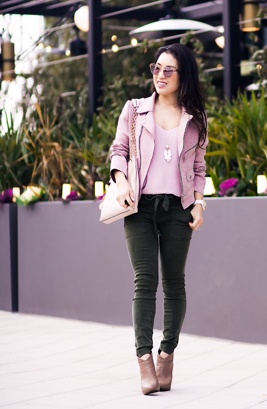 cute & little | dallas petite fashion blog | blush jacket, express barcelona cami, loft waist tie olive pants, taupe ankle booties | spring wardrobe essentials outfit - 3 Spring Essentials You Need In Your Closet by popular Dallas petite fashion blogger cute & little