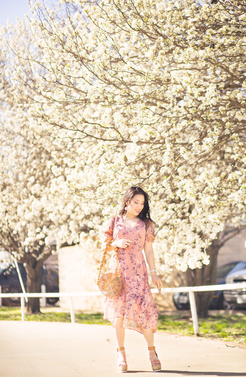 cute & little | dallas petite fashion blog | express floral print ruffle midi dress, bamboo circle bag, chloe glyn espadrille wedges | spring easter outfit - Pretty Spring Look by popular Dallas petite fashion blogger cute & little