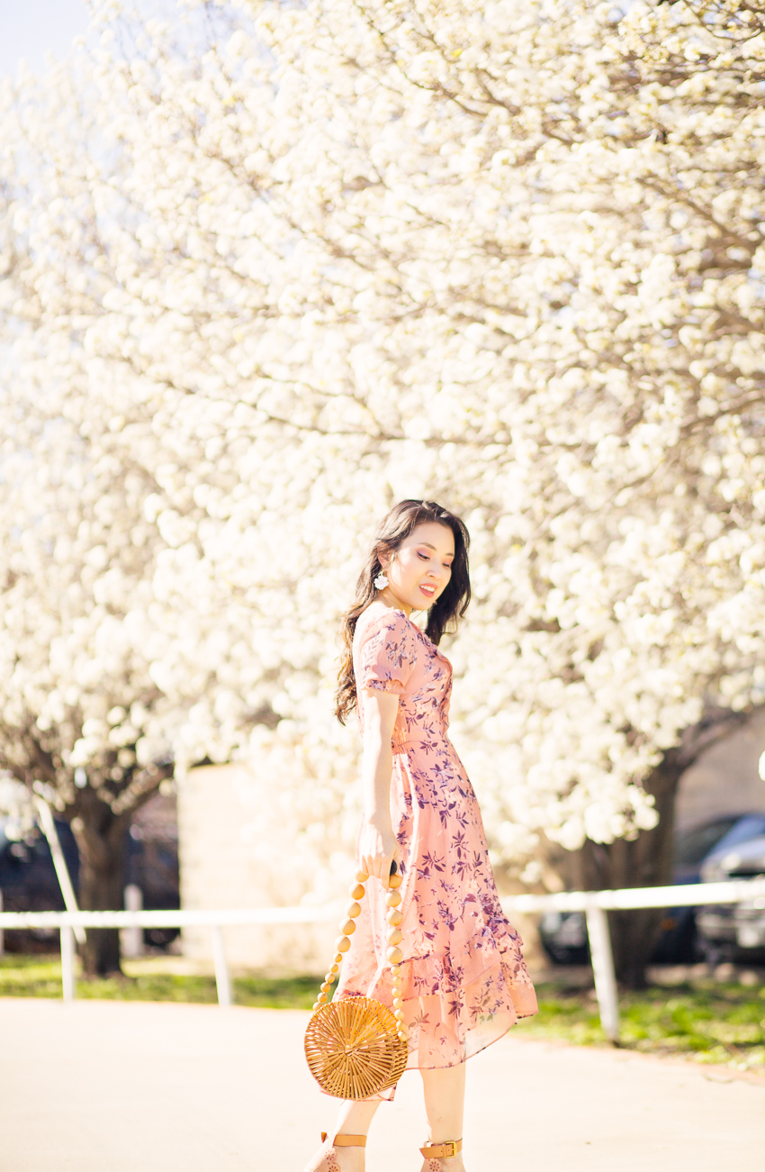 cute & little | dallas petite fashion blog | express floral print ruffle midi dress, bamboo circle bag, chloe glyn espadrille wedges | spring easter outfit - Pretty Spring Look by popular Dallas petite fashion blogger cute & little
