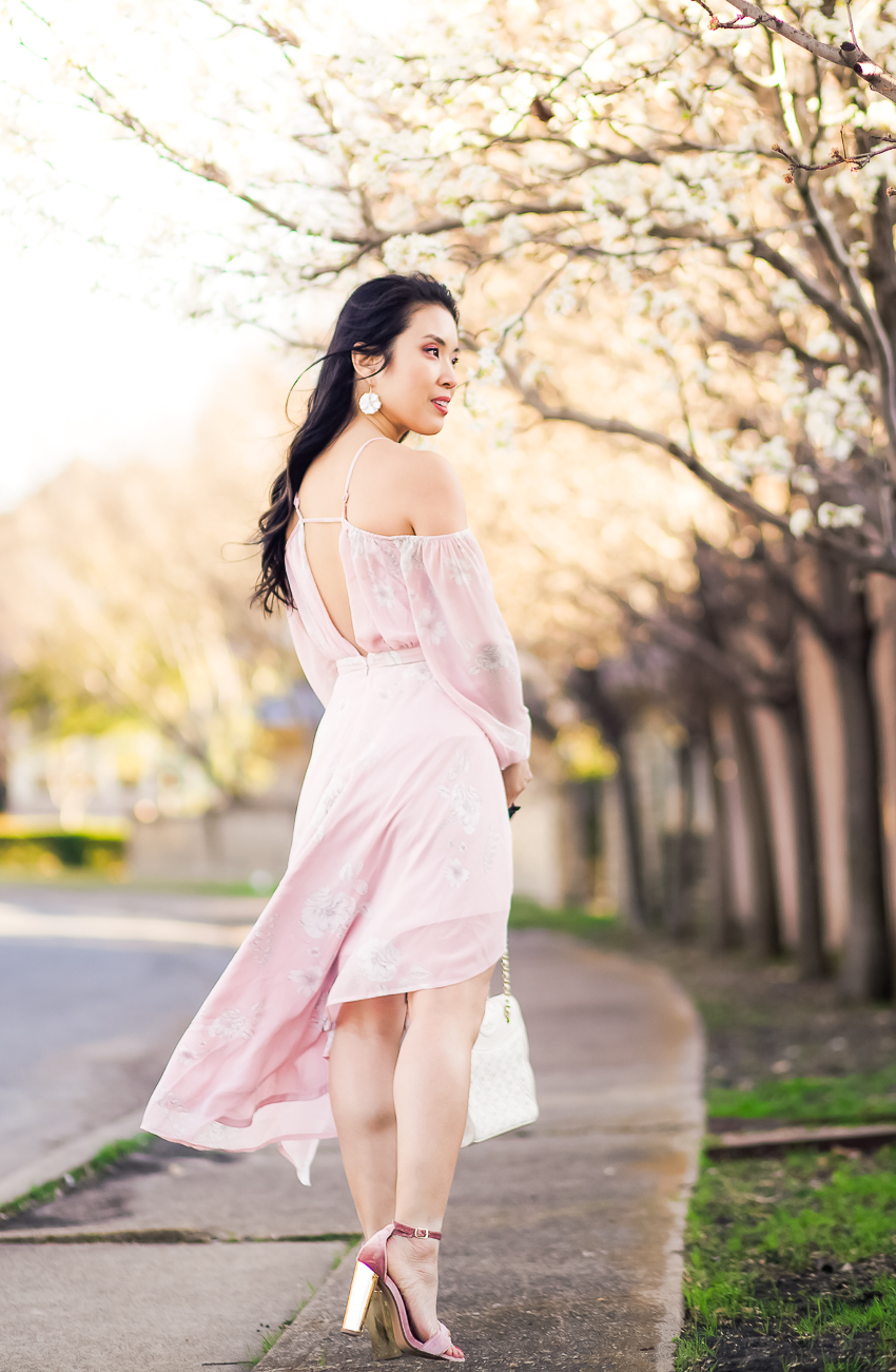 cute & little | dallas petite fashion blog | express floral cold shoulder surplice dress | pink velvet carrson strappy sandals, white flower drop earrings | spring easter outfit - Pink Chiffon Layers by popular Dallas petite fashion blogger cute & little