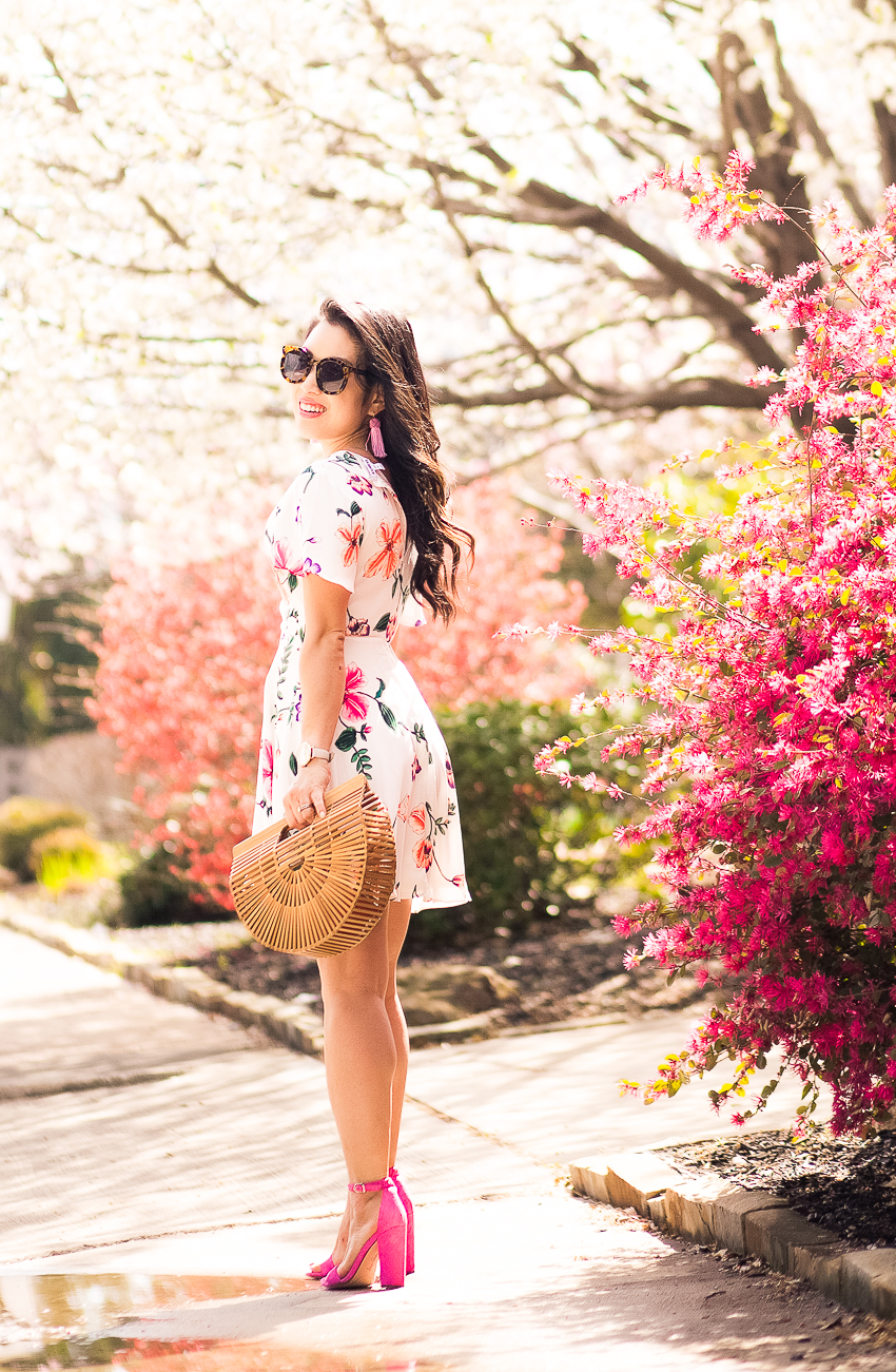 cute & little | dallas petite fashion blog | express surplice floral fit flare dress, hot pink heels, cult gaia bamboo bag | spring easter dress - A Pretty Dress and All The Spring Feels by popular Dallas petite fashion blogger cute & little