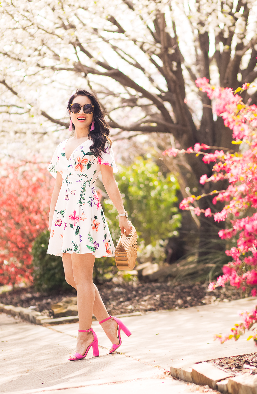cute & little | dallas petite fashion blog | express surplice floral fit flare dress, hot pink heels, cult gaia bamboo bag | spring easter dress - A Pretty Dress and All The Spring Feels by popular Dallas petite fashion blogger cute & little