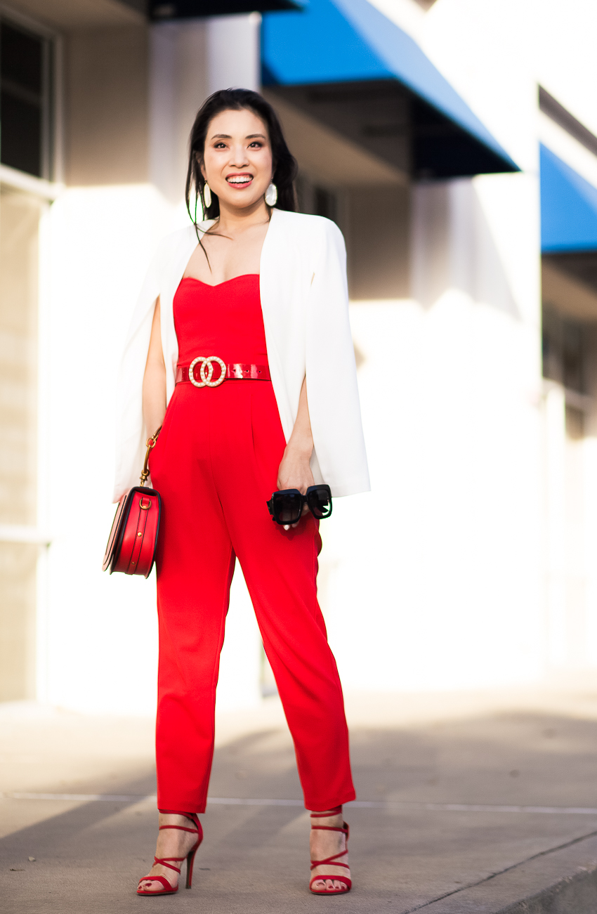 cute & little | dallas lifestyle blog | express red jumpsuit, white cape blazer | spring work business outfit - Confidence Tips: Networking When You're An Introvert by popular Dallas blogger cute & little