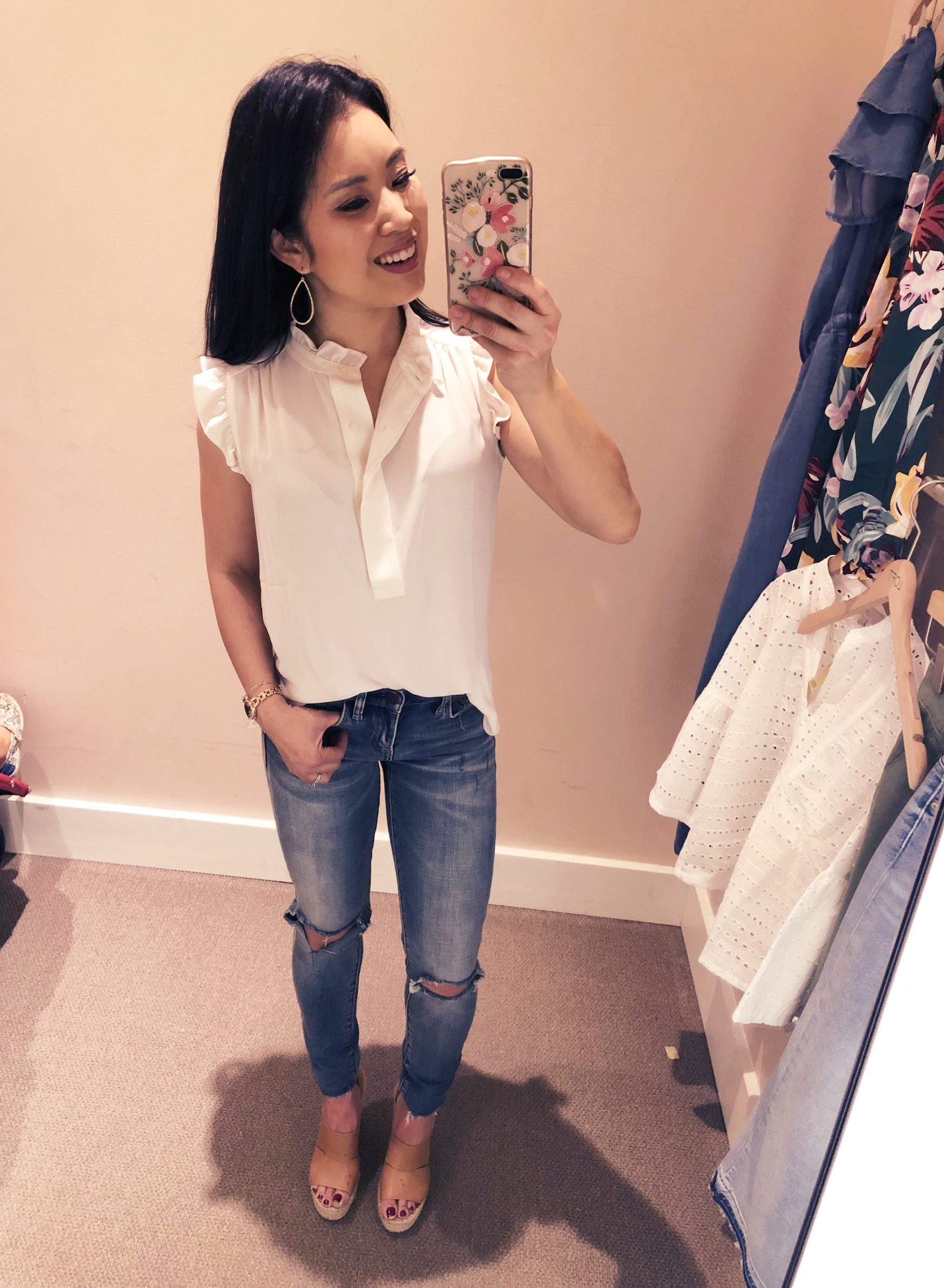 cute & little | dallas petite fashion blog | loft dressing room try on review | ruffle henley shell, blanknyc ripped knee jeans | spring outfit - LOFT Dressing Room Try-On by popular Dallas petite fashion blogger, cute & little