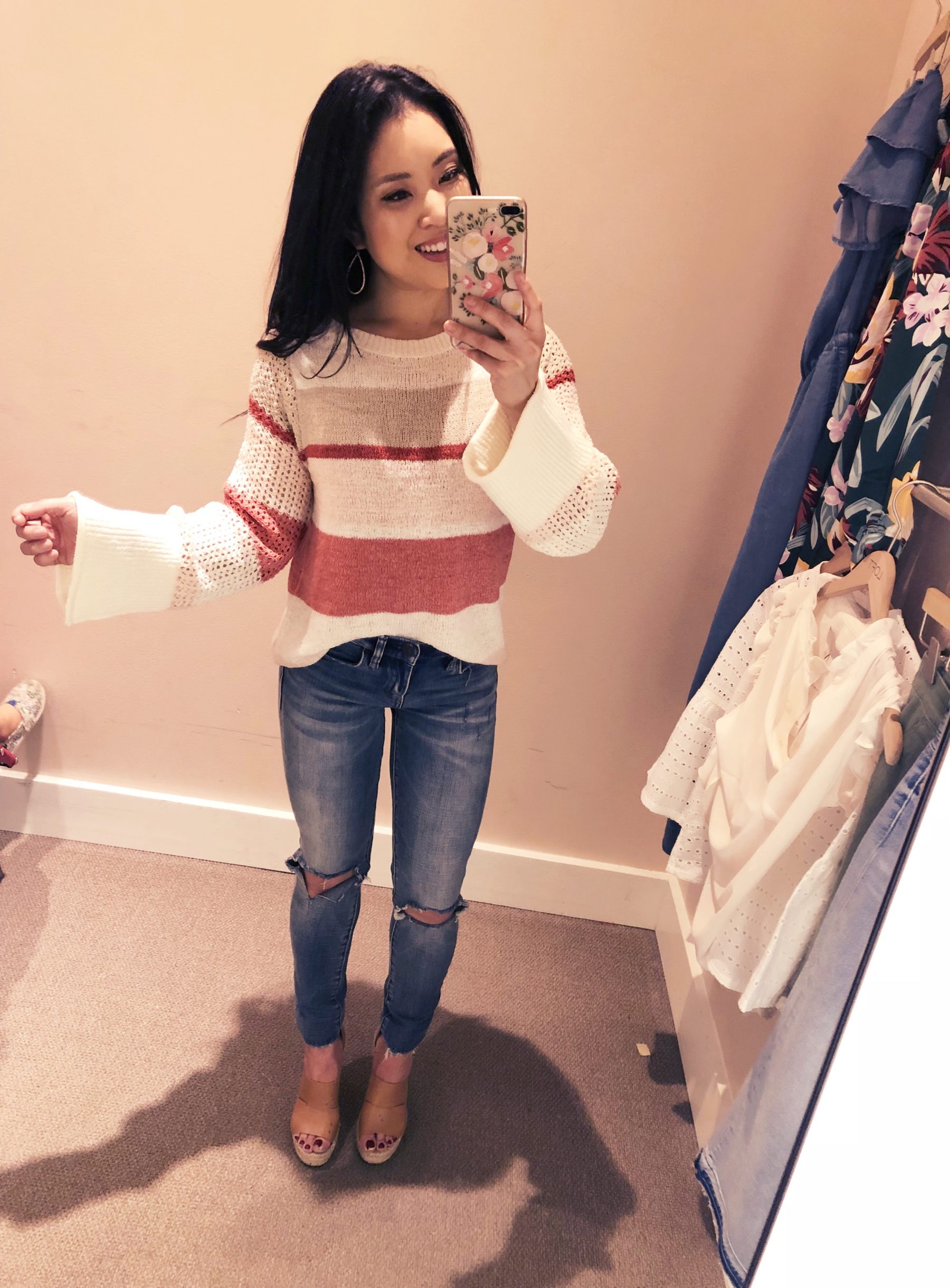 cute & little | dallas petite fashion blog | loft dressing room try on review | striped stitched sleeve sweater, blanknyc jeans | spring outfit - LOFT Dressing Room Try-On by popular Dallas petite fashion blogger, cute & little