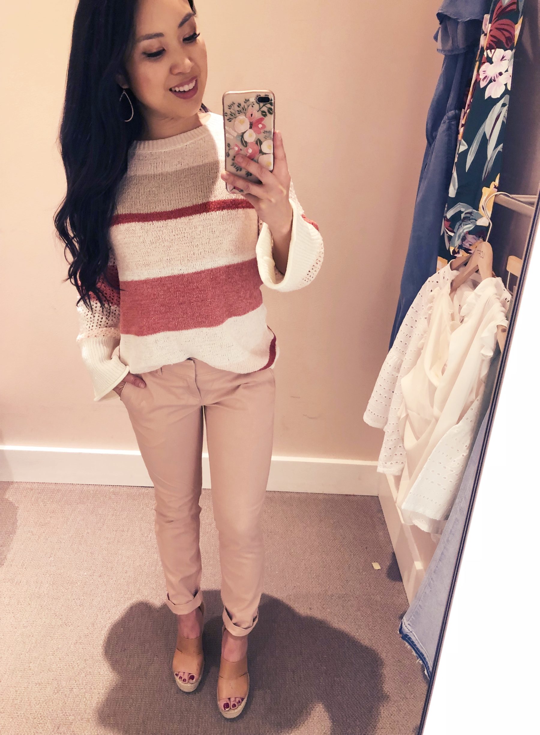 cute & little | dallas petite fashion blog | loft dressing room try on review | striped stitched sleeve sweater, girlfriend chinos | spring outfit - LOFT Dressing Room Try-On by popular Dallas petite fashion blogger, cute & little
